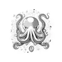 A magical octopus swimming through a sky filled with floating musical notes tattoo design idea