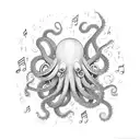 A magical octopus swimming through a sky filled with floating musical notes tattoo design idea