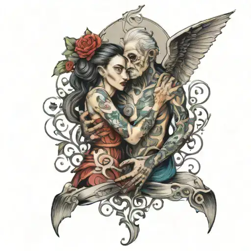 An old mother who wants to hug each other but there is an obstacle between them tattoo design idea