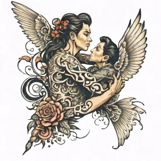 Mother and son want to hug each other, but two peoples from each side do not allow this to happen. tattoo design idea