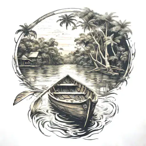 POV view of the half of a wooden canoe boat on the Amazon river with trees and the rainforest in the back tattoo design idea