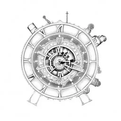 A blackwork tattoo of the Digimon clock combined with elements of steampunk, incorporating gears, pipes, and mechanical details tattoo design idea