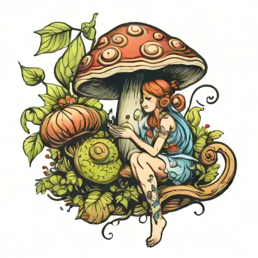 snail rain mushroom fairy tattoo design idea