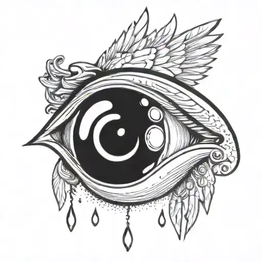 an eye with real tear drops surrounded around clouds and wings tattoo design idea