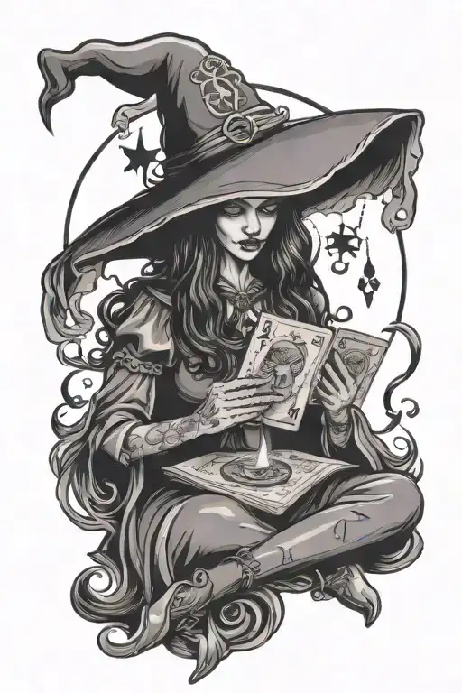 witch with ouija and tarot cards   tattoo design idea