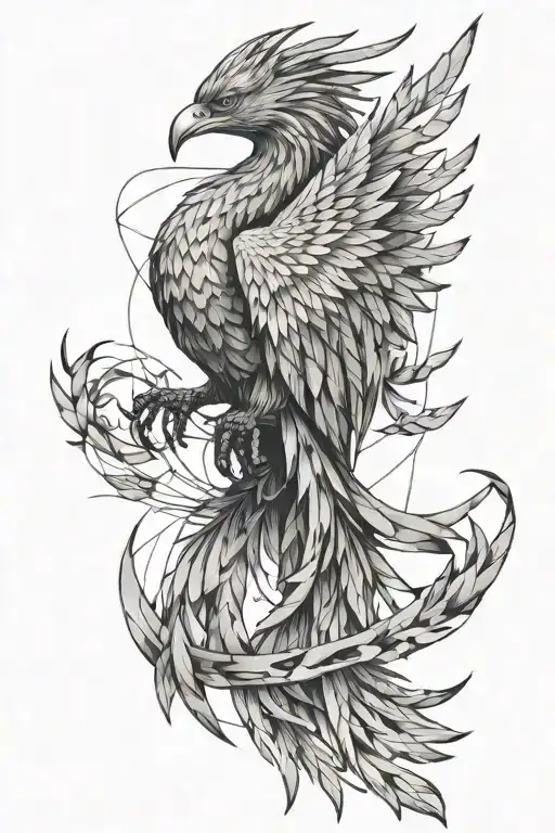 Create a sketch of a phoenix with spread wings for a man's left arm, located around the elbow area. Incorporate thin geo tattoo design idea
