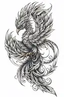 Create a sketch of a phoenix with spread wings for a man's left arm, located around the elbow area. Incorporate thin geo tattoo design idea