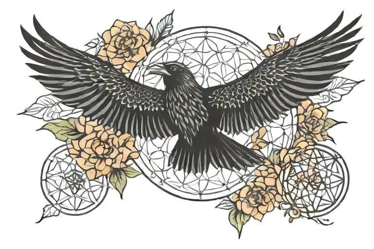 symmetrical raven flying with flower of life background tattoo design idea