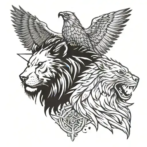a lion head, side view of a bear head, a side view of wolf head surrounded by a hawk wings with hawk head at top  tattoo design idea