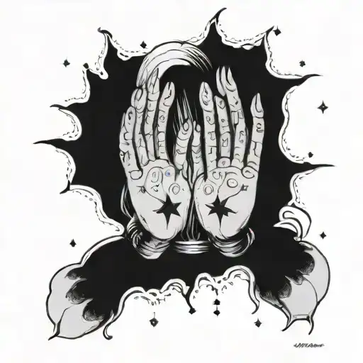albino girl with hands made out of shadow with glowing stars in them tattoo design idea