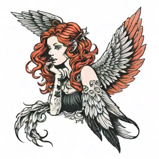 red haired girl with black wings tattoo design idea