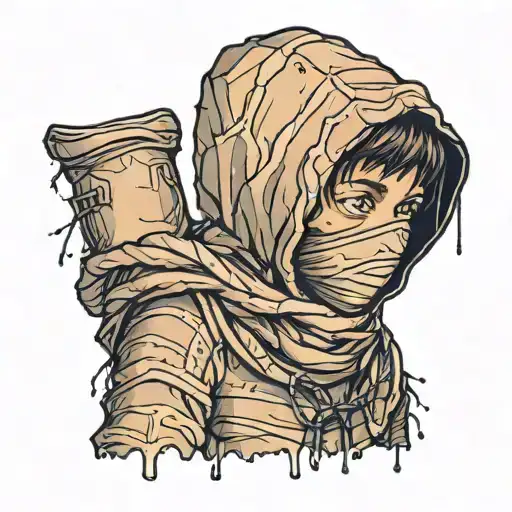 boy in hoodie who's covered in dark bandages like a mummy tattoo design idea