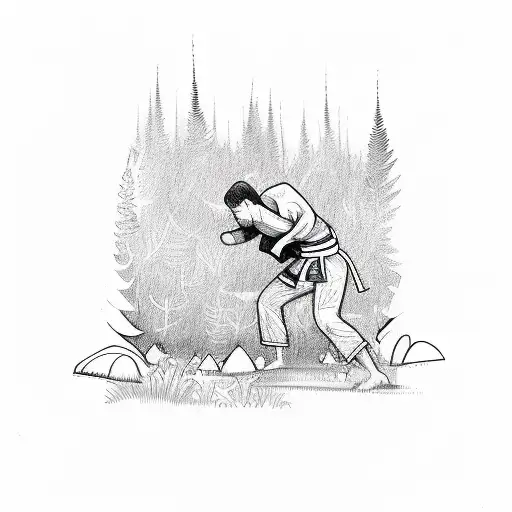 A sketch-style illustration of a jiu-jitsu fighter blending into a forest scene tattoo design idea