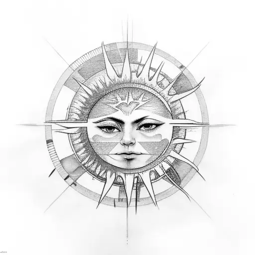modernist sun and moon but both of them are in eyes sun lighter moon darker and around are clouds,  tattoo design idea