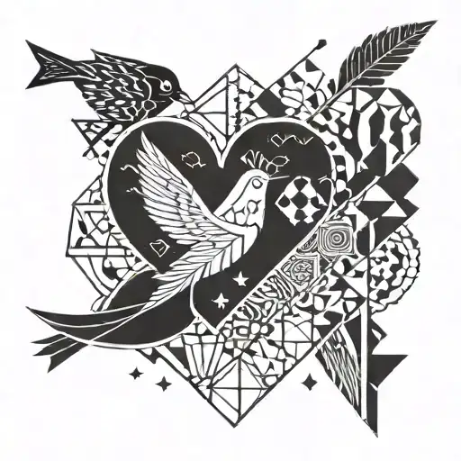 Geometric patterns inspired , Birds flying, arrow surrounded, heart symbols , football  tattoo design idea