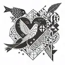 Geometric patterns inspired , Birds flying, arrow surrounded, heart symbols , football  tattoo design idea
