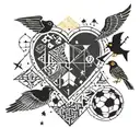 Geometric patterns inspired , Birds flying, arrow surrounded, heart symbols , football  tattoo design idea