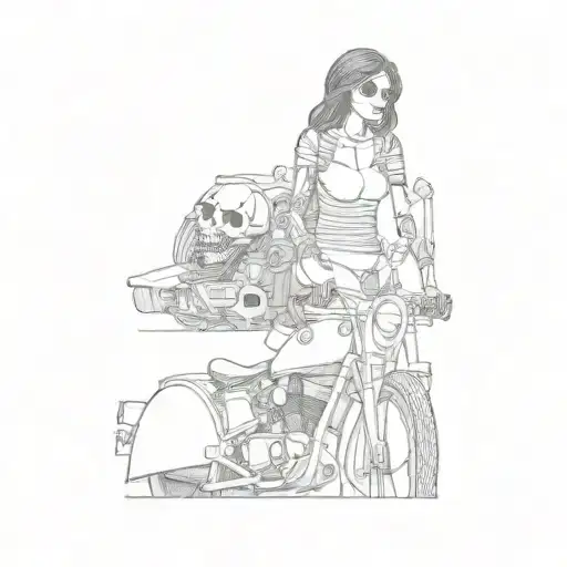 a woman and a skeleton on a motorcycle tattoo design idea