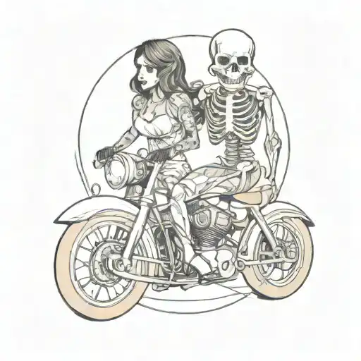 a woman and a skeleton on a motorcycle tattoo design idea