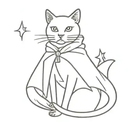 simple magician cat  w a cape and  a  satff tattoo design idea