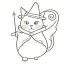 simple magician cat with a cape and a wizard satff tattoo design idea
