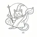 magician cat with a cape and a wizard satff tattoo design idea