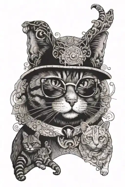 A cat dressed as a product manager giving a presentation to other animals tattoo design idea