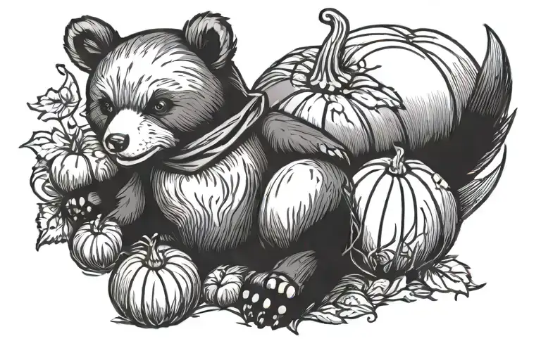 Black and Grey tattoo of a teddy bear with his hand resting on a pumpkin. A fox is nuzzled around the pumpkin on the opp tattoo design idea