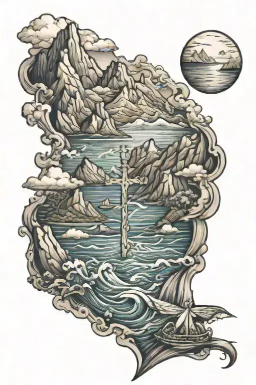 cross sea and mountain tattoo design idea
