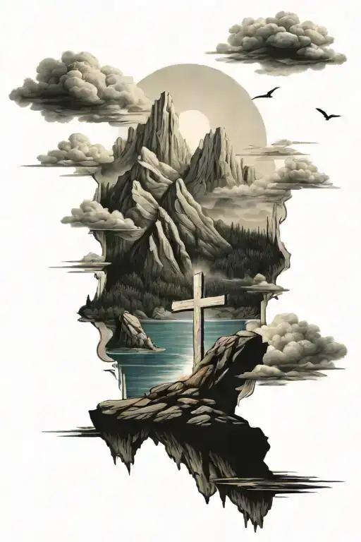 sea, cross on top of mountain landscape tattoo design idea
