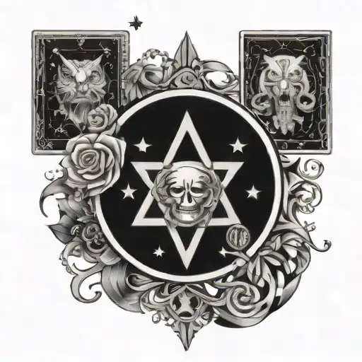 A dynamic design combining elements of tarot cards, astrology symbols, and numerology patterns to reflect the client's spiritual occupation and love for adrenaline tattoo design idea