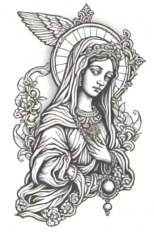 catholic mary with rosary hanging tattoo design idea