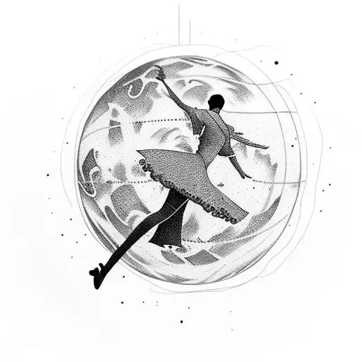 A student dancing on top of a vinyl record with a planet Earth in the background tattoo design idea
