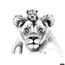 mum lion who has been in a fight with scars, and 2 baby lions being playful. koala in background, lion king vibes. tattoo design idea