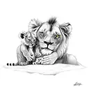 mum lion who has been in a fight with scars, and 2 baby lions being playful. koala in background, lion king vibes. tattoo design idea