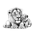 mum lion who has been in a fight with scars, and 2 baby lions being playful. koala in background, lion king vibes. tattoo design idea