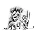 mum lion who has been in a fight with scars, and 2 baby lions being playful. koala in background, lion king vibes. tattoo design idea