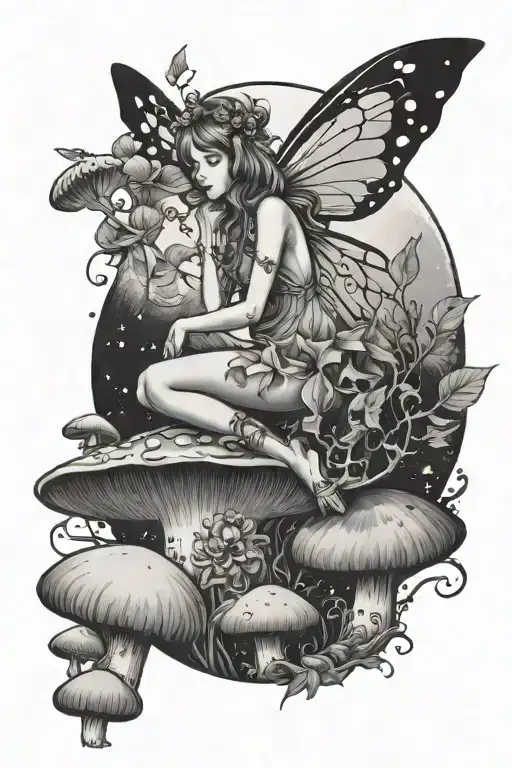 a whimsical fairy sitting on mushrooms looking at a whimsical moon tattoo design idea