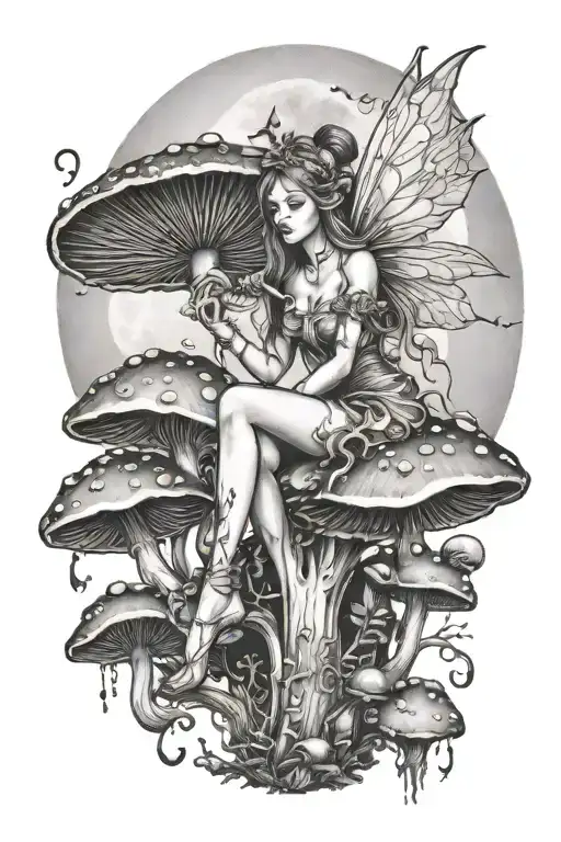 a magical fairy sitting on mushrooms looking at the moon tattoo design idea