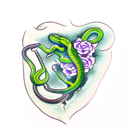 agressive green snake with roses tattoo design idea