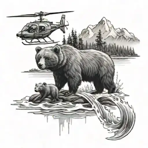 A black-grey tattoo of a family of bears fishing in a serene mountain lake, with a helicopter hovering in the background tattoo design idea