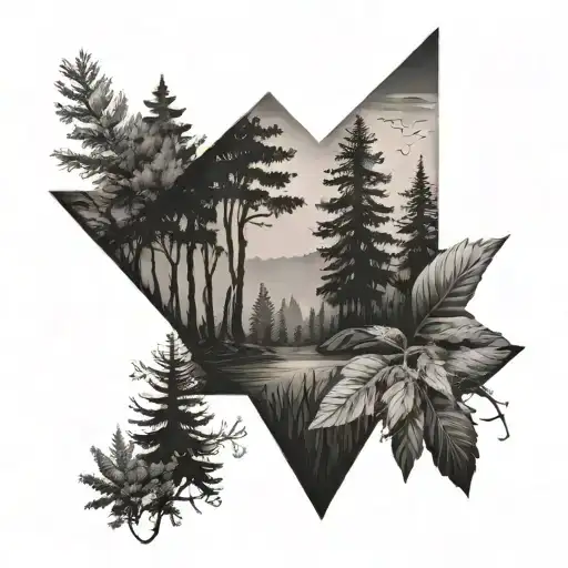 A serene forest scene with a hidden massage therapist silhouette among the trees tattoo design idea