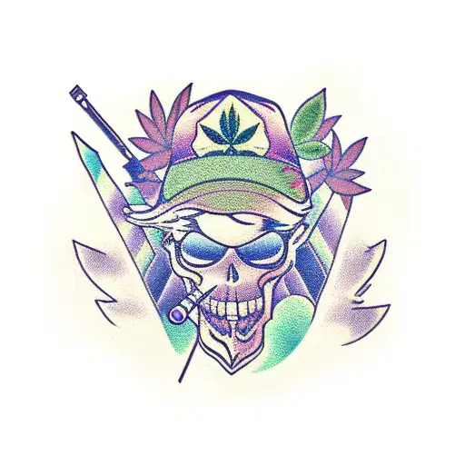 A stylish gamer with swag attire surrounded by floating marijuana leaves tattoo design idea