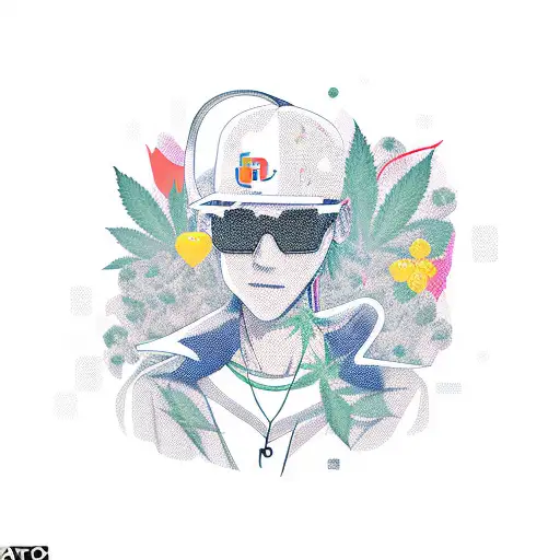 A stylish gamer with swag attire surrounded by floating marijuana leaves tattoo design idea