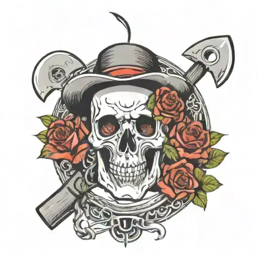 SKULL IN PORKPIE FEDORA HAT AND HANDKERCHEIF INSIDE WREATH OF ROSES IN FRONT OF A MINING  PICK AND SHOVEL CRISS CROSSED tattoo design idea