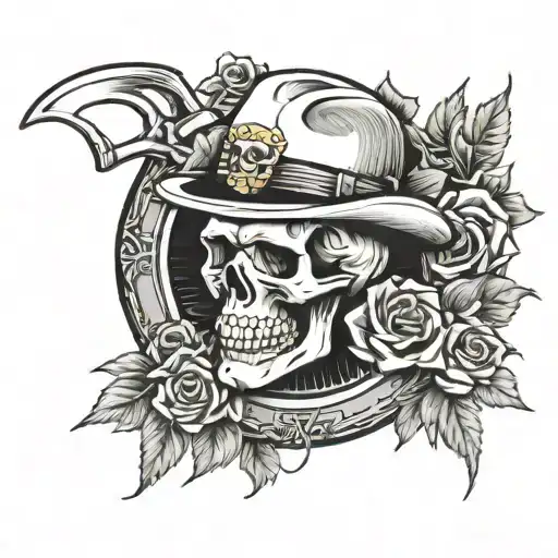 SKULL IN PORKPIE HAT INSIDE WREATH OF ROSES IN FRONT OF A MINING  PICK AND SHOVEL CRISS CROSSED tattoo design idea