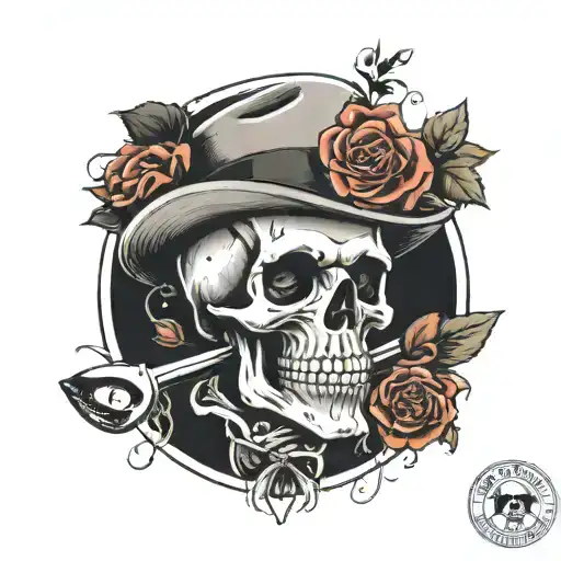 SKULL IN PORKPIE HAT INSIDE CIRCLE OF ROSES IN FRONT OF A PICK AND SHOVEL CRISS CROSS  tattoo design idea
