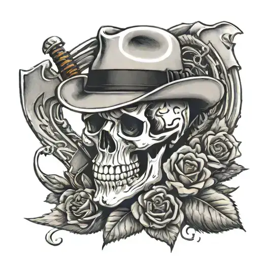 SKULL IN PORKPIE FEDORA HAT AND HANDKERCHEIF INSIDE WREATH OF ROSES IN FRONT OF A MINING  PICK AND SHOVEL CRISS CROSSED tattoo design idea