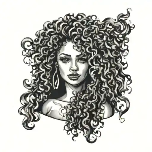 curly hair woman tattoo design idea