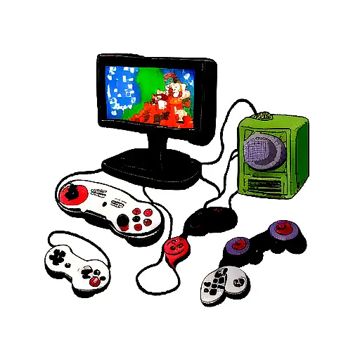 broken CRT tv on inner elbow, tomba on lower forearm, gamecube controller, ps1 controller, sega master system controller tattoo design idea